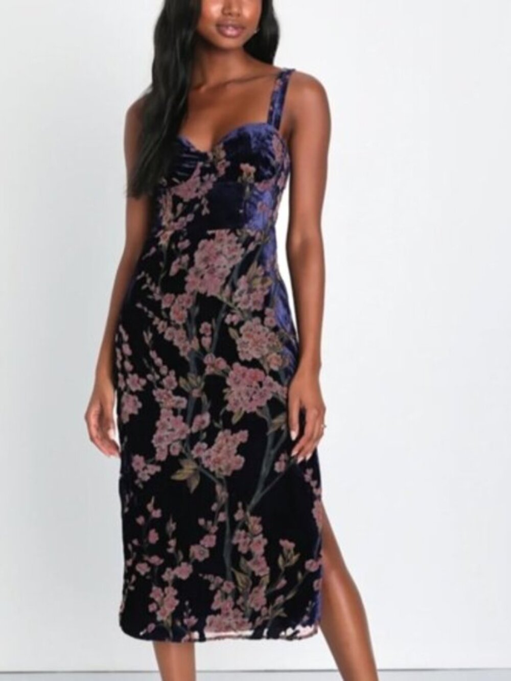 Lulus Velvet Floral Midi Dress Lace-Up Back Side Slit Romantic Dress Large - Picture 5 of 12